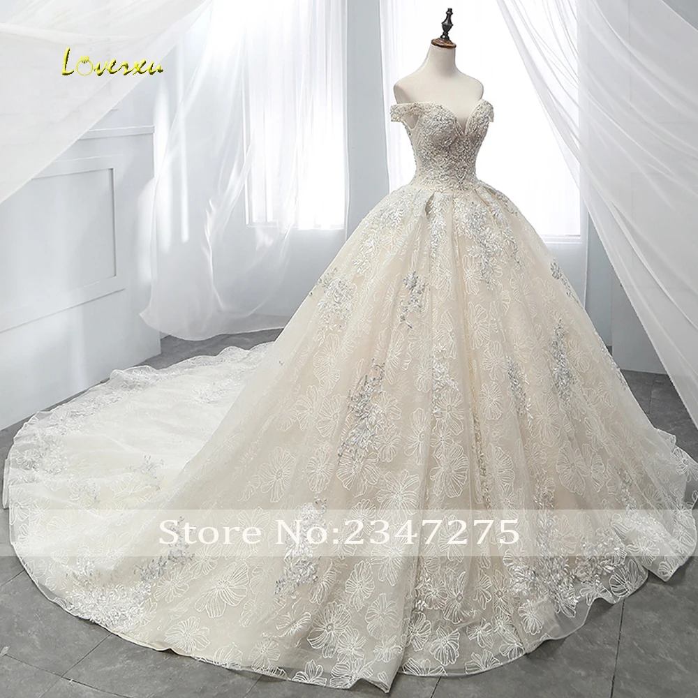 Loverxu Vestido De Noiva, вырез лодочкой, кружевное бальное платье, свадебное платье,, Королевский Шлейф, Аппликации, расшитые бисером, принцесса, свадебное платье размера плюс