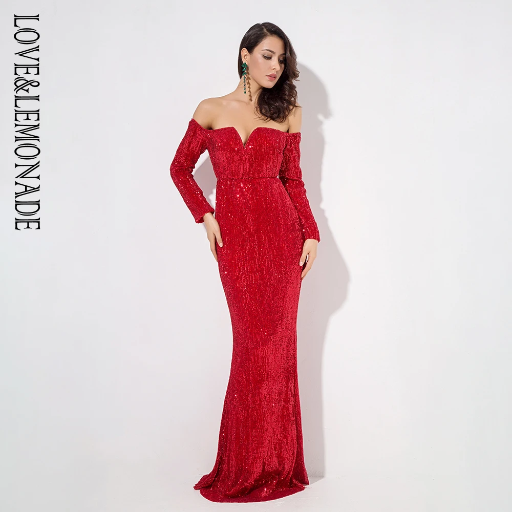 

Love&Lemonade Red Drop Shoulder Deep V Collar Long Sleeve Elastic Sequin Material Long Dress LM1203