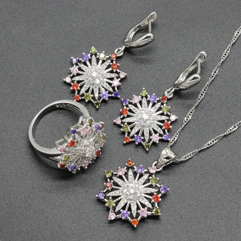 

2018 New 925 Sterling Silver Bridal Jewelry Sets For Women Round Cubic Zirconia Earrings Necklace Pendant Ring