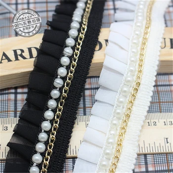 

5Yards Beautiful Lace Pearl Ruffle Trimming Tape White Chiffon Lace Skirt Collar Black Lace Fabric Gold Chain Ribbon Belt