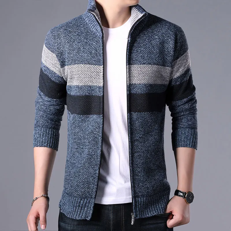 2019 autumn and winter stitching lapel plus velvet thick sweater coat casual hit color warm slim knit cardigan men's sweater