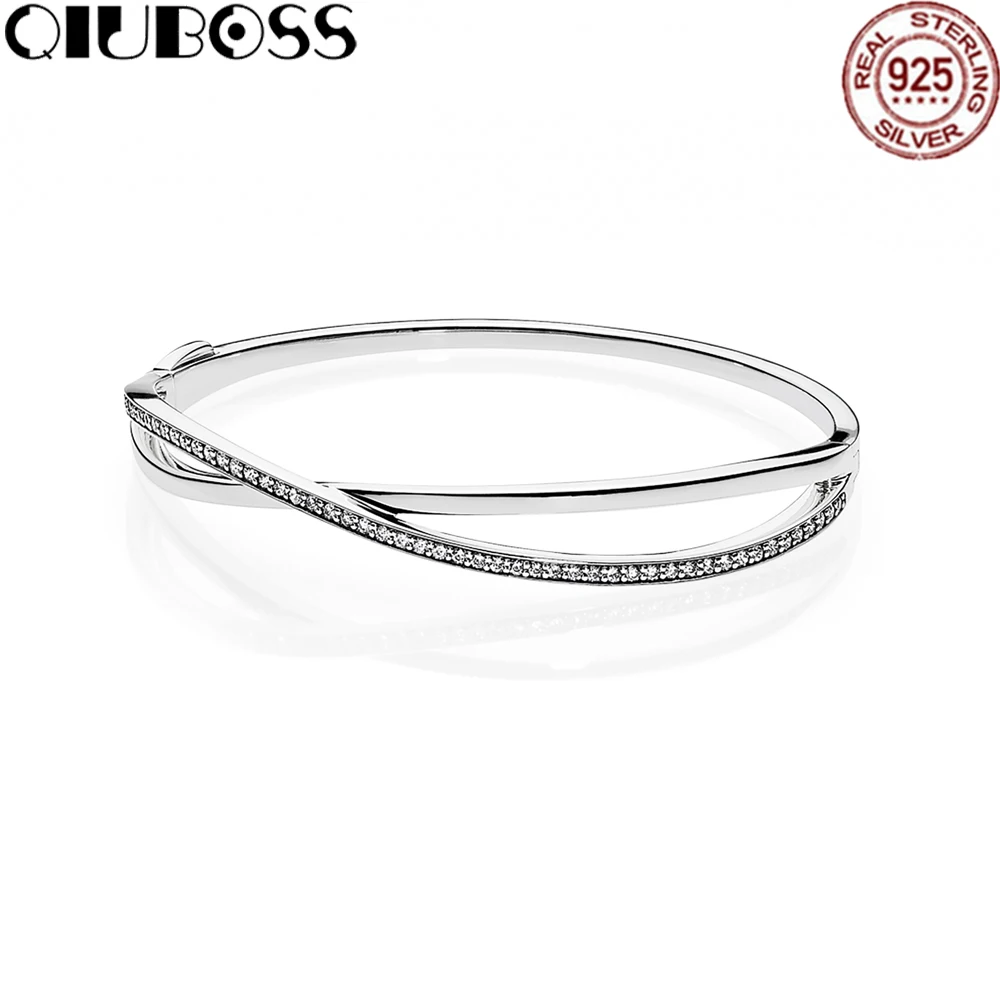 

QIUBOSS 925 Sterling Silver Entwined Bangle Fit DIY Original Charm Bracelets Women jewelry Gift 590533CZ TIFF