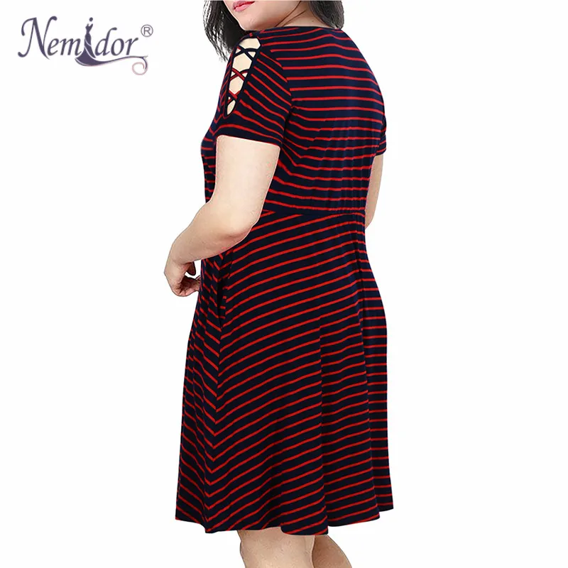 Nemidor Women Casual O-neck Short Sleeve Stripe Print A-line Dress Plus Size 7XL 8XL 9XL Swing Fit and Flare Dress With Pockets