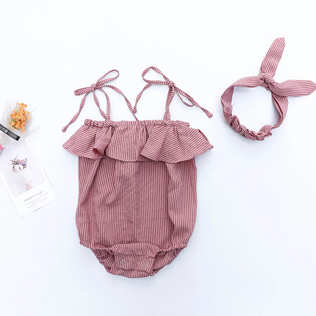 

MUQGEW Striped Baby Girls summer clothes fashion bow Print Romper + Headband Clothes Outfits Set newborn clothes baby set robe