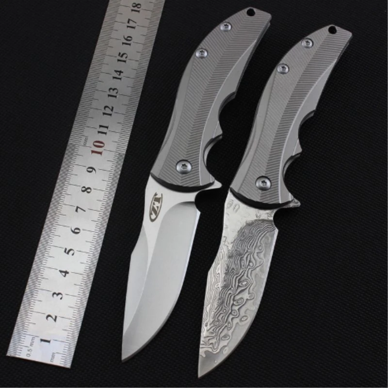 

folding blade knife D2 Damascus blade TC4 titanium handle camping hunting survival pocket knives flipper outdoor fruit EDC tools