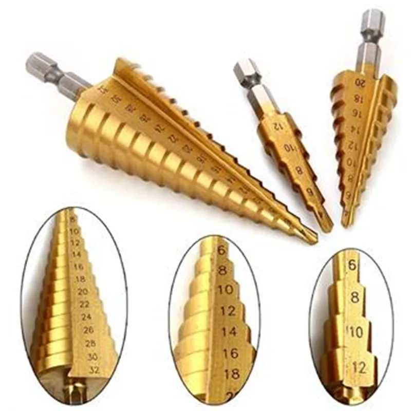 

3PCS / set HSS Step Cone Titanium Drill Bit Tool Hole Cutter Kits 4-12mm 4-20mm 4-32mm Wood Metal Drilling Power Tools