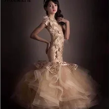 Роскошное платье цвета шампанского с цветочным узором для девочек на свадьбу; пышные платья русалки с короткими рукавами; аппликация Выпускные платья с перьями; Vestido