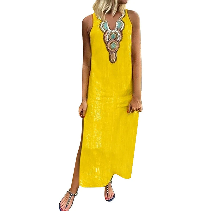 2019 Women Summer Linen Sundress Sexy Split Hem Maxi Dress Sleeveless V-Neck Baggy Dresses Ladies Kaftan Boho Dress Vestidos