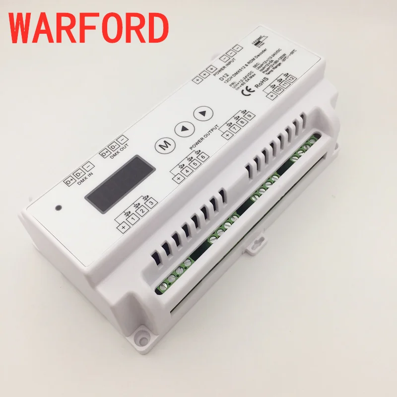 D12 постоянной Напряжение светодио дный DMX512 декодер; DC5-24V вход; 5A * 12CH выход; din-рейку RGB Газа 12 канала DMX декодирующее устройство