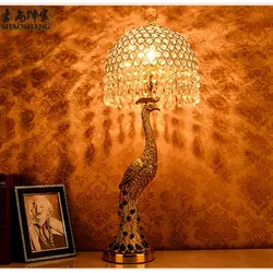 Мода Благородный Золотой рецина Павлин настольная лампа дома деко прикроватная тумбочка для спальни Зеленый Кристалл E27 лампы потолочный