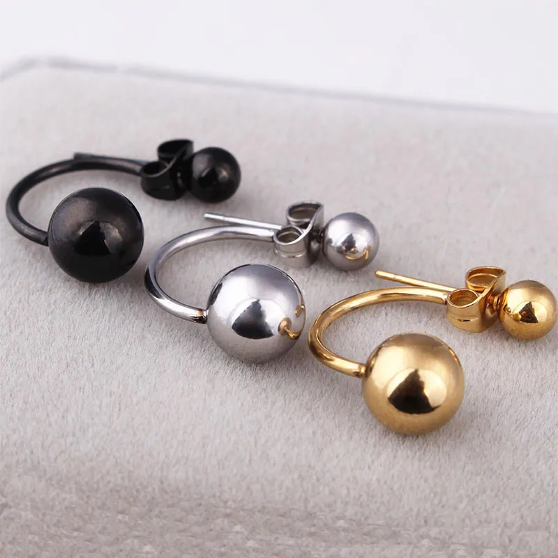 

Fashion Women Punk Double Round Balls Ear Studs Silver Gold Black Stainless Steel Two Balls Sides Hook Stud Earrings Jewelry