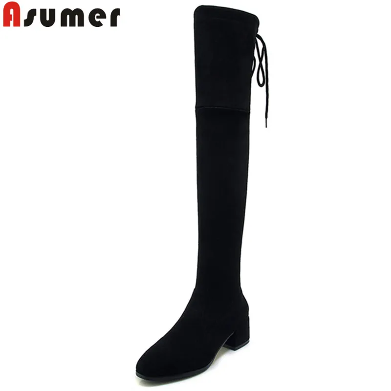 

ASUMER hot sale new over the knee boots women round toe cross tied zip flock long boots square heel thight heigh boot Large size