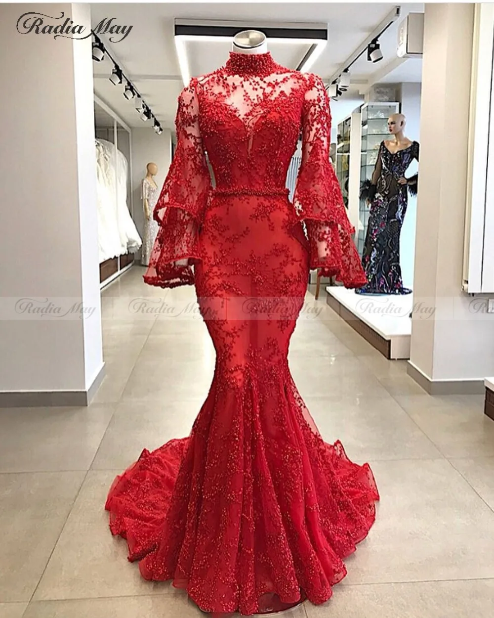 

Saudi Arabia Red Lace Long Sleeves Evening Dress 2019 Robe soiree Dubai Prom Dresses Beaded Lace Plus Size African Formal Gowns