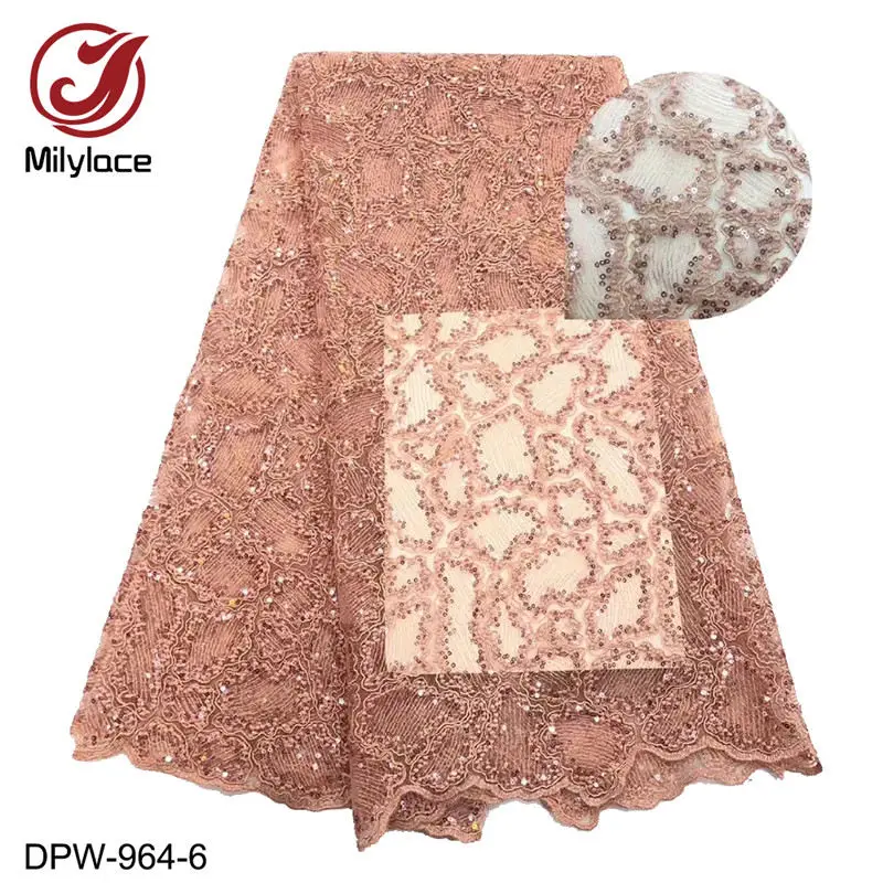 Milylace чистый цвет французские кружевные ткани 5 ярдов специальная вышивка Сетка кружевная ткань с блестками сетка кружева для свадьбы DPW-964 - Цвет: peach