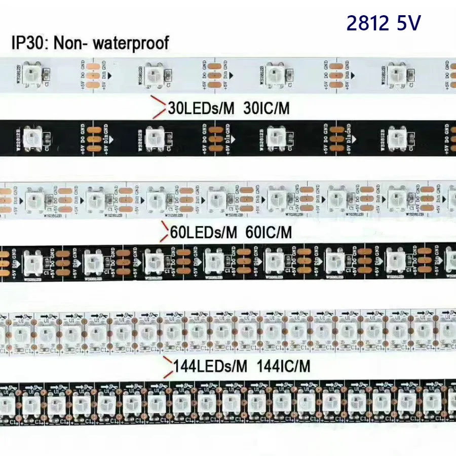 WS2812B 2811 DC 5V 12V Водонепроницаемый светодиодный пиксель полосы светильник 5050 SMD синхро-адаптер длиной 1 м/4 м/5 м встроенные катушки RGB ленты лампы 30/60/144 светодиодный s/m
