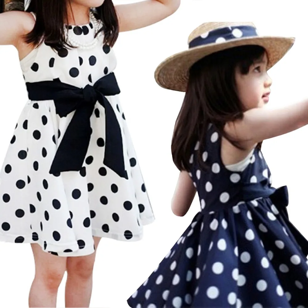 

Baby Girls Princess Dresses Sleeveless One Piece Dress Blue Points Belt Bowknot Dot Dress