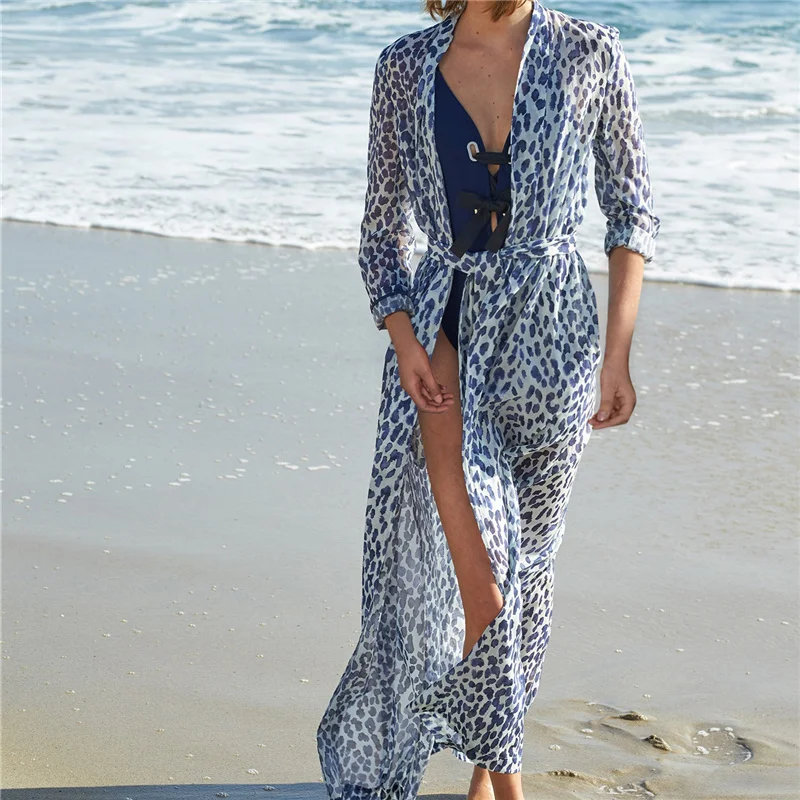 

Leopard Chiffon Beach Cover up Tunics for Beach Long Kaftan Bikini Cover up Robe de Plage Sarong Beach Swimsuit coverup