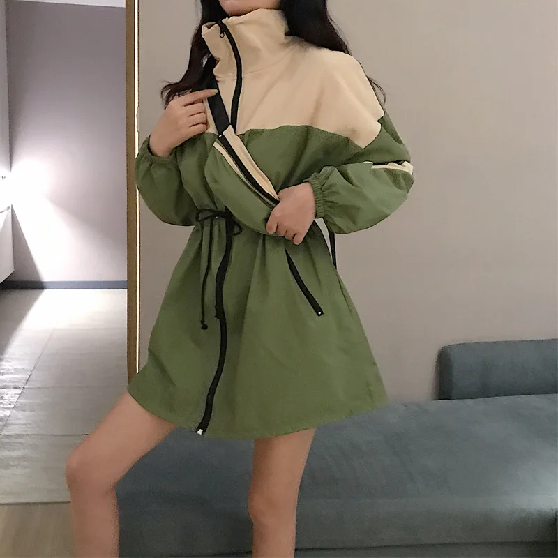 

MVGIRLRU Loose Color Stitching High Collar Casual Coat Mid-length Waist Drawstring Windbreaker Jacket Woman