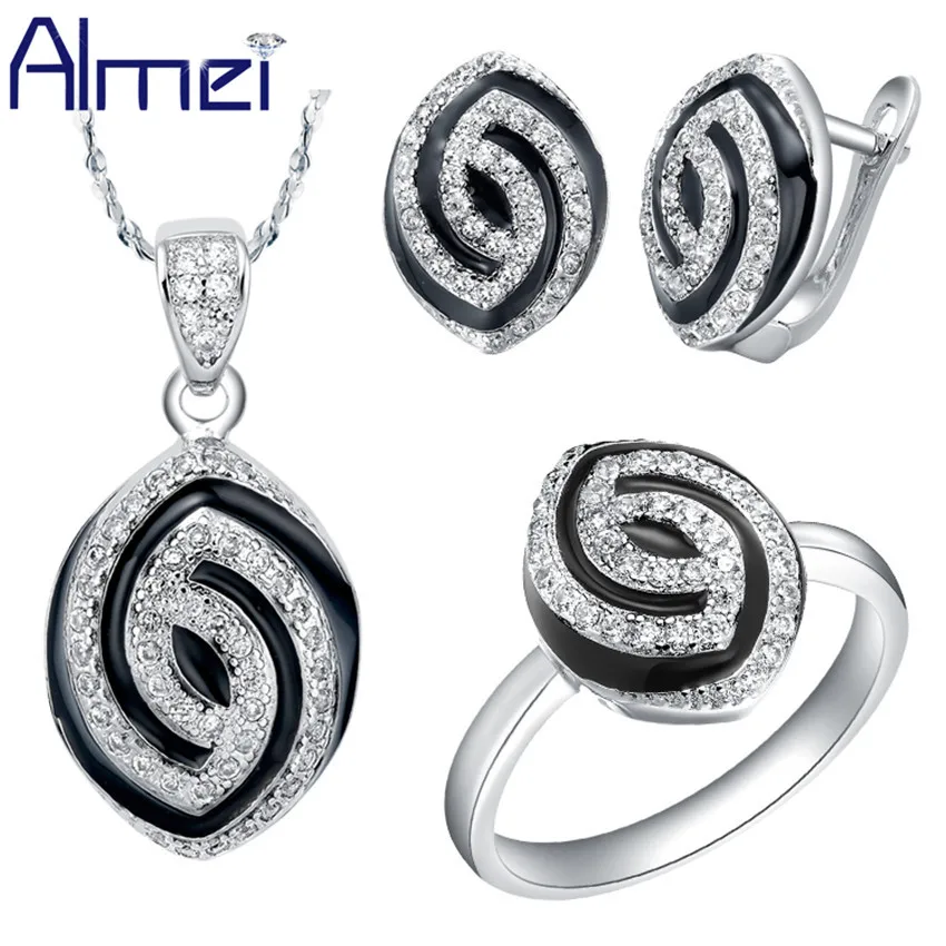 

Almei Silver Bridal Jewelry Sets Zircon Fashion Brand Black Enamel Oval Crystal Bijoux for Girl Necklace Earrings Women T173