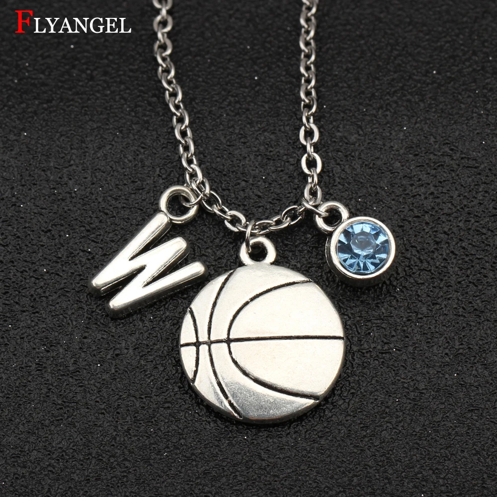 

Custom A-Z Initial Letter 12 Birthstone Crystal Baskeball Pendant Necklace For Men Women Husbamd Boy Girl Ball Fans Jewelry Gift
