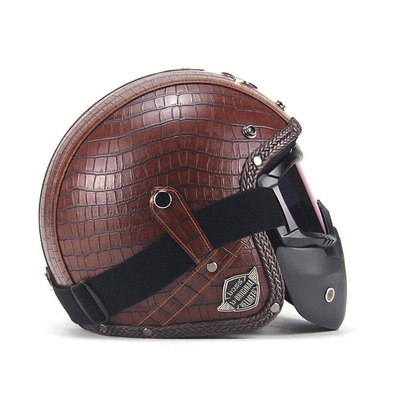 Коричневые мотоциклетные шлемы 3/4 открытый шлем из искусственной кожи+ очки маска Винтажный стиль M