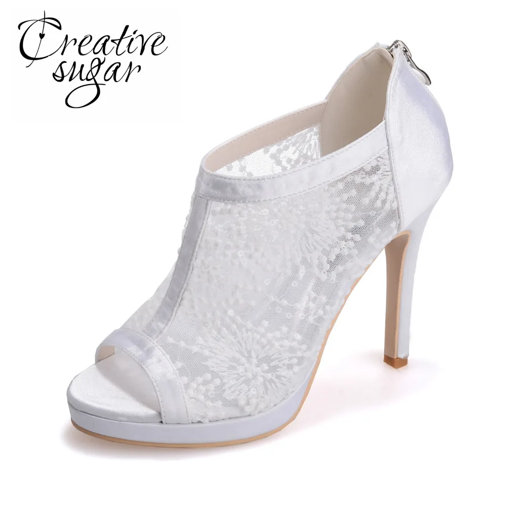 Creativesugar woman see through lace open toe summer boots satin lace red black white ivory lady wedding party cocktail shoes Creativesugar woman see through lace open toe summer boots satin lace red black white ivory lady wedding party cocktail shoes