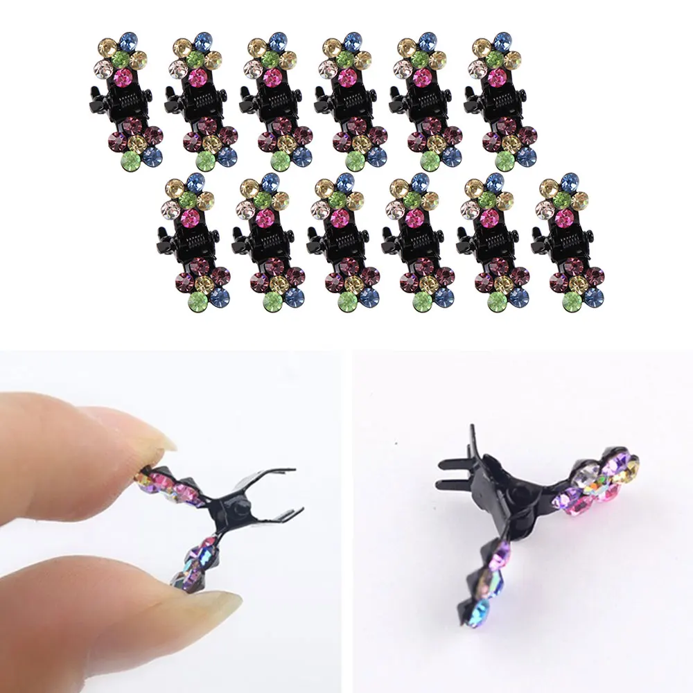 12pcs Black Plastic Mini Crystal Rhinestone Flower Hair Clips 4 Claws Clamps Hairpin For Women Ladies Hair Styling Tools