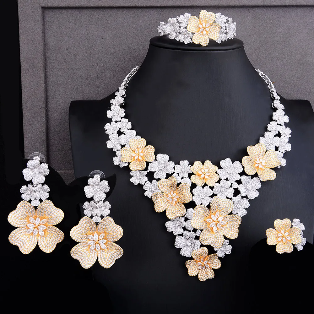 GODKI Luxury Super Big Blossom Flower 4PCS African Jewelry Sets For Women Wedding Zircon CZ Nigeria Dubai Gold jewelry SetS 2019