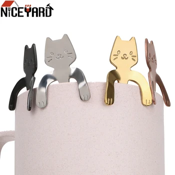

Mini Stainless Steel Tea Coffee Spoon Cute Cat Teaspoons For Bar Party Tableware Ice Cream Dessert Spoons Drinking Tools