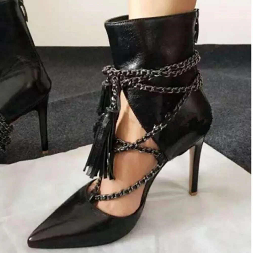 

Fashion Patent Leather Chain Booties Women Pointed Toe Stiletto Heels Boots Female Hot Sale Ladies Shoes with Zip Free Shipping