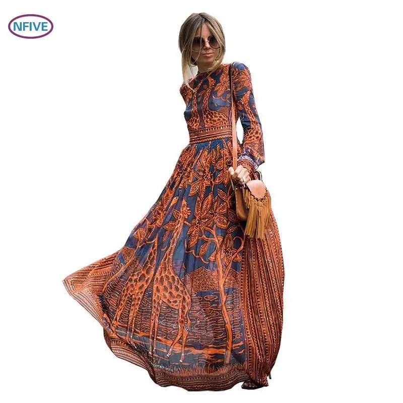 

NFIVE Brand 2017 Spring Summer New Europe And The United States Printed Dress Long Sleeved Women Beach Dresses Free Shipping