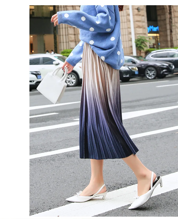 REALEFT осенние женские бархатные элегантные гофрированные длинные юбки градиентные с высокой талией Harajuku тюлевые трапециевидные юбки до середины икры для женщин