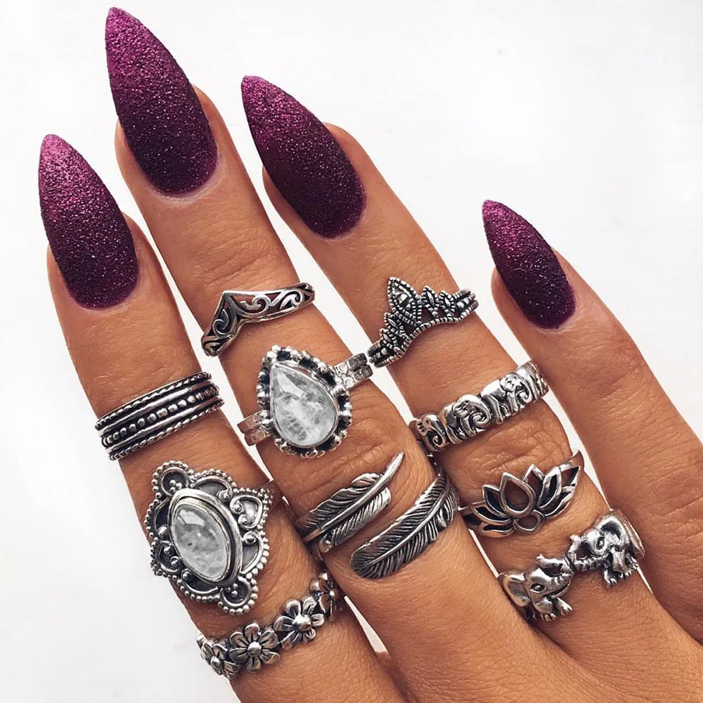 

FAMSHIN 10Pcs/Set Vintage Sculpture Elephant Leaf Feather Crystal Gems Ring Set Gold Silver Joint Ring Female Charm Jewelry Gift