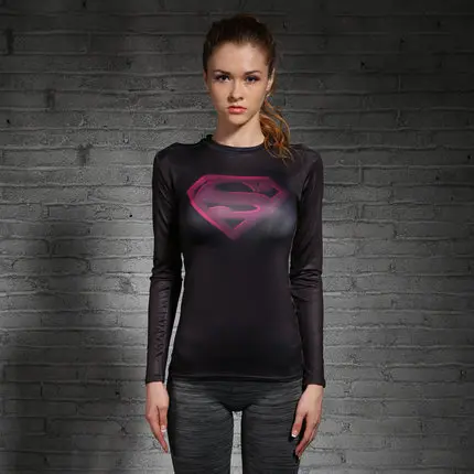 Женская футболка боди костюм Марвел Супермен/Бэтмен футболка с длинным рукавом Девушка фитнес колготки компрессионные футболки - Цвет: B19