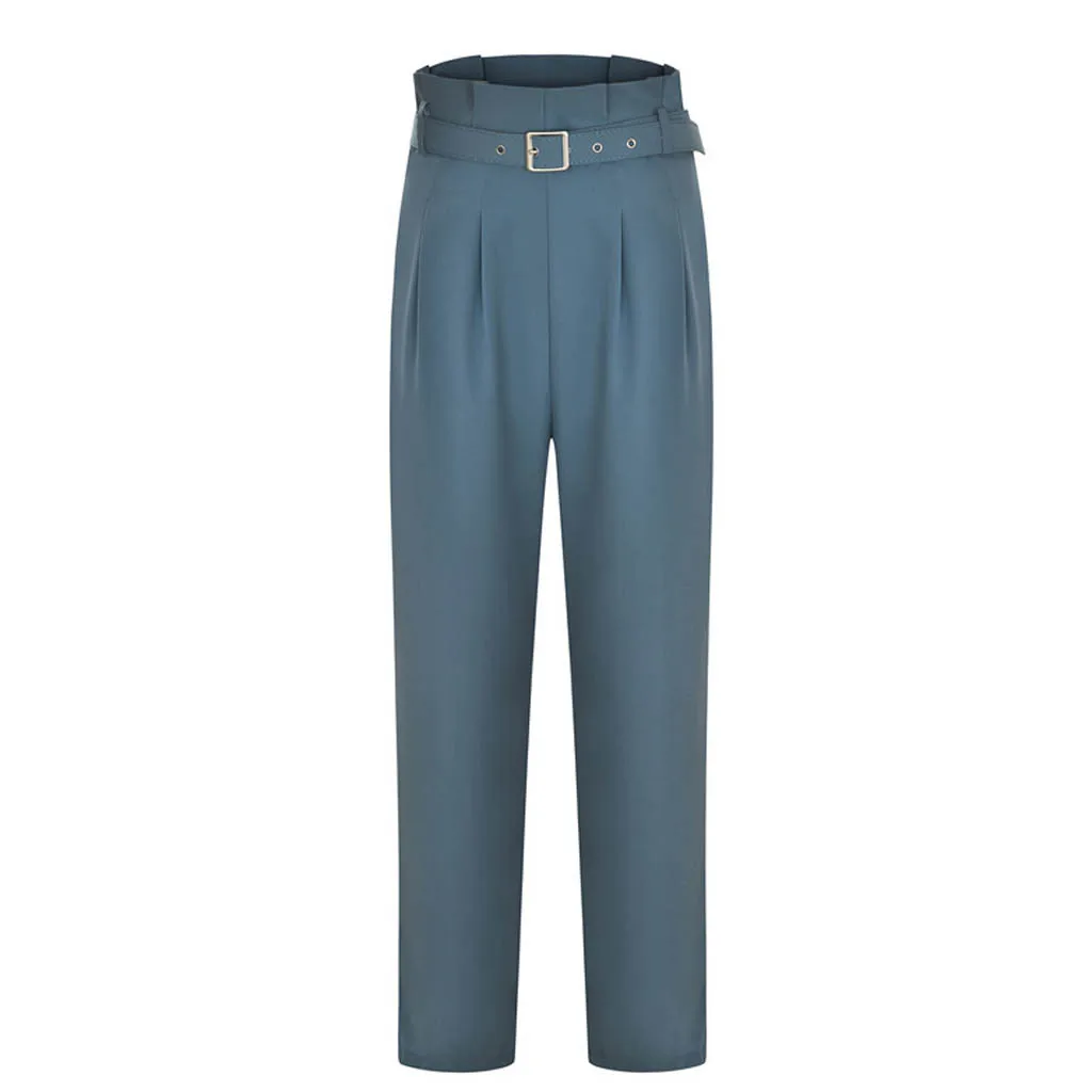 

Women High Waist Pure Color Belt Fold Wide Leg Pockets Trousers Casual Pants calf length pants for women july 11