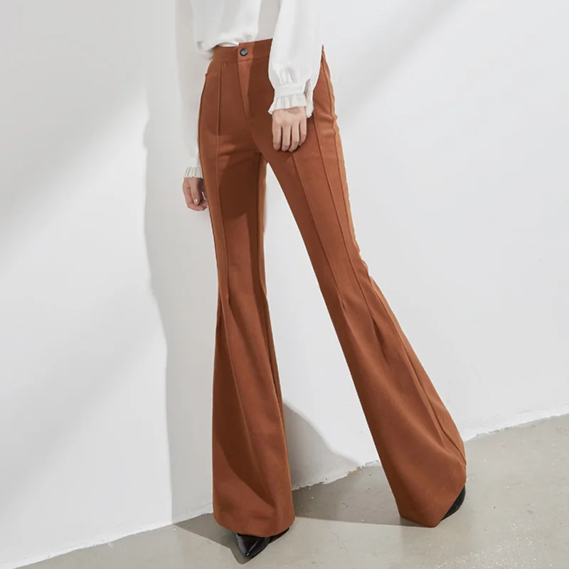 

Fall Winter Fashion Elegant Office Ladies Woman High Waisted Grey Camel Stretch Pants , Autumn Female Women Slim Flare Trousers