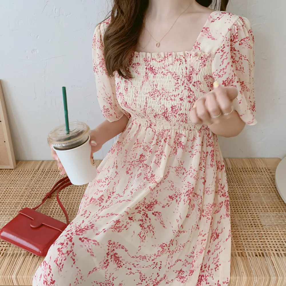 

Plus size New Summer Dress Girls Boho Party Chiffon Female Vintage Dress Blue red Print Short Sleeve Women Dresses Robe Vestido