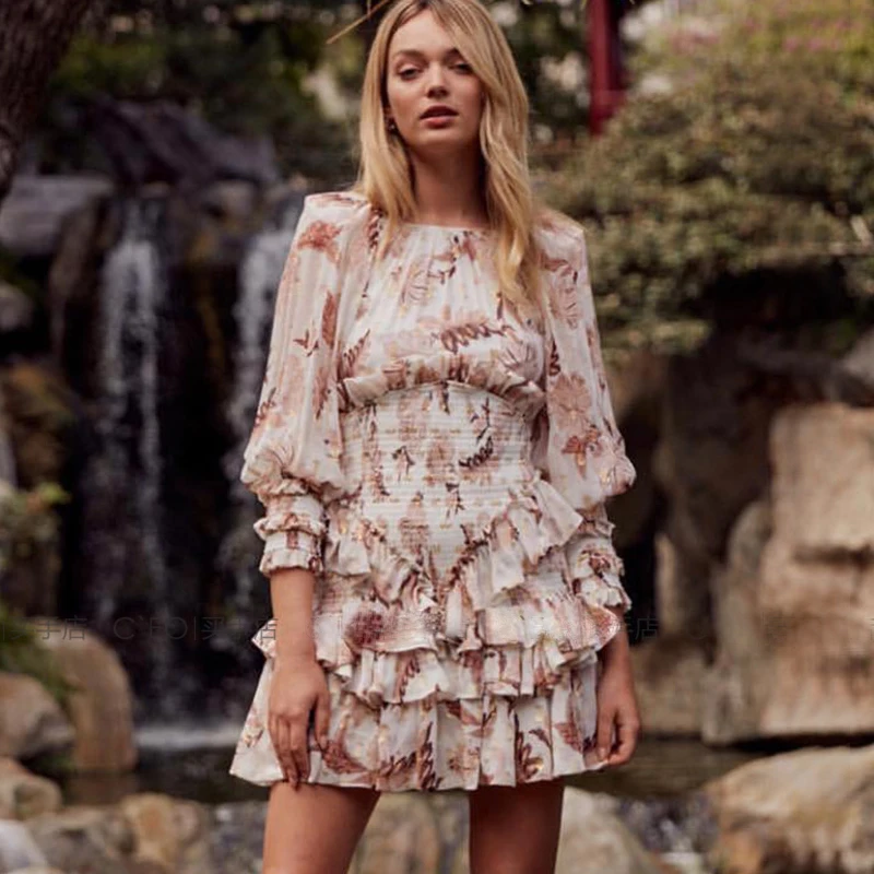 

Vacation Bohemian Cascading Ruffle Mini Dress 2019 Women Summer O-neck Pink/Black Floral Printed Chiffon Dress Runway Dress