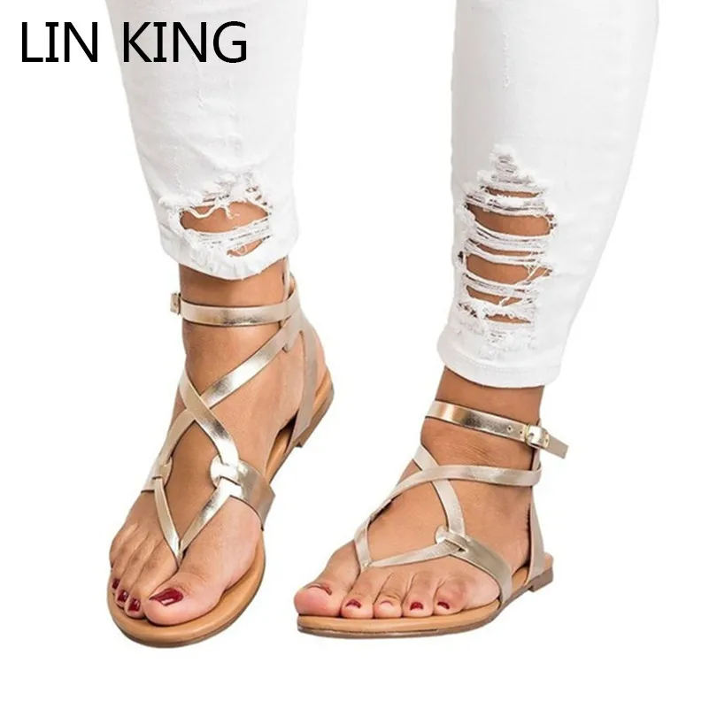 Goedkoop LIN KONING Effen Vrouwen Gesp Toevallige Sandalen Cross Tie Platte Enkel Zomer Strand Schoenen Plus Size Vintage Dames Gladiator Sandalias