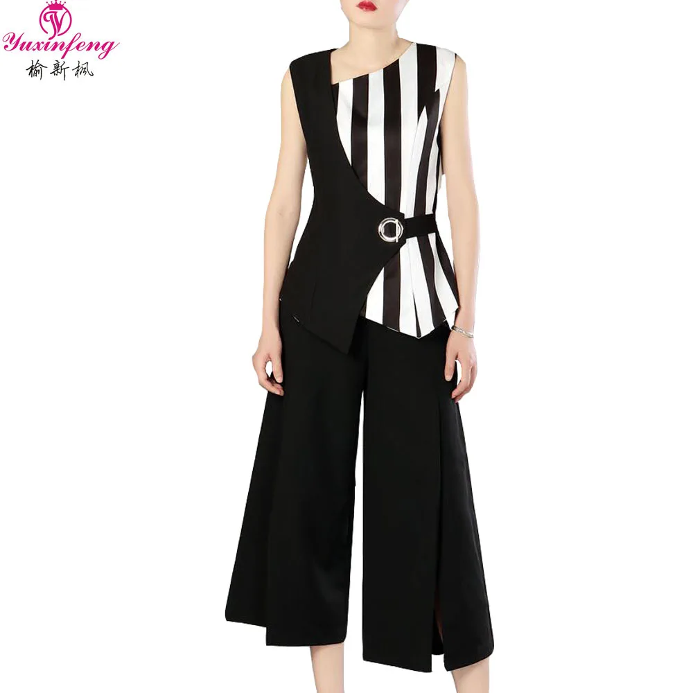 Yuxinfeng 2019 Women Summer Sexy 2 Pieces Outfit Set Stripe Patchwork Sleeveless Tops and Pants Suit White Black Trousers Sets