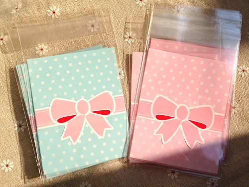 

100pcs 8x10cm Blue Pink Bowknot Self Adhesive Seal Cello Cookie Bag for Bakery Gift Candy Chocolate packaging