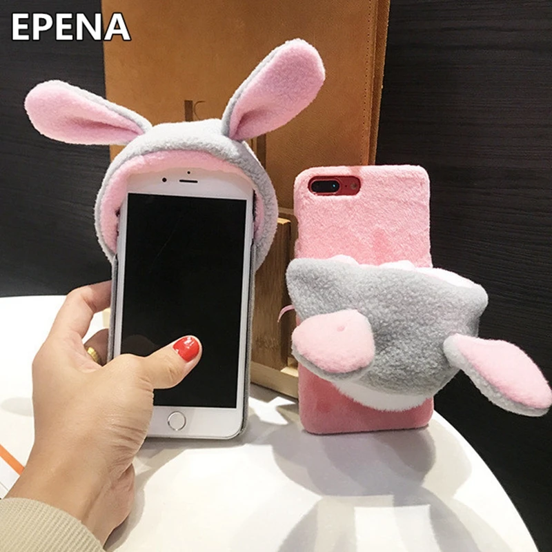 

EPENA Cute Rabbit Ear Hat Warm Fur Ball Phone Case For iPhone X XS Max XR 6 6S 7 8 Plus 5 SE Furry Plush Animal Hard Back Cover