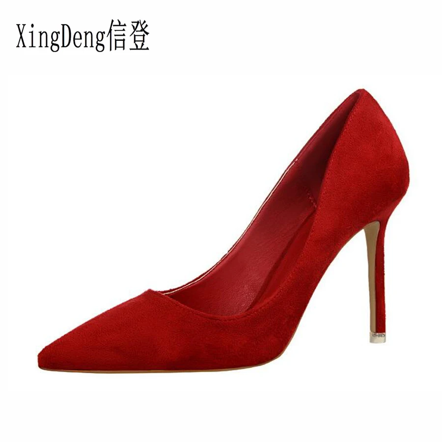 

XingDeng Girls Sexy Party Dress Stilettos Shoes Size 34-40 Women Shallow Flock Pointed Toe Ol High Heels Pumps Shoes