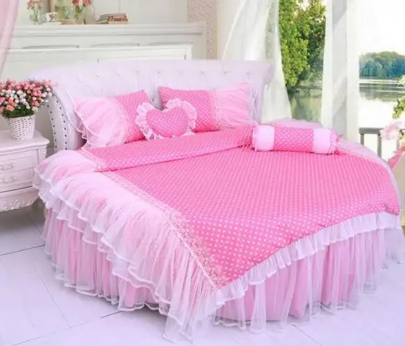Sale LACE ROUND Corner Bed Europe Orange color Flower Bedding sets Cotton Round Double Bed sheet Duvet cover Pillow case Bedskirt 22