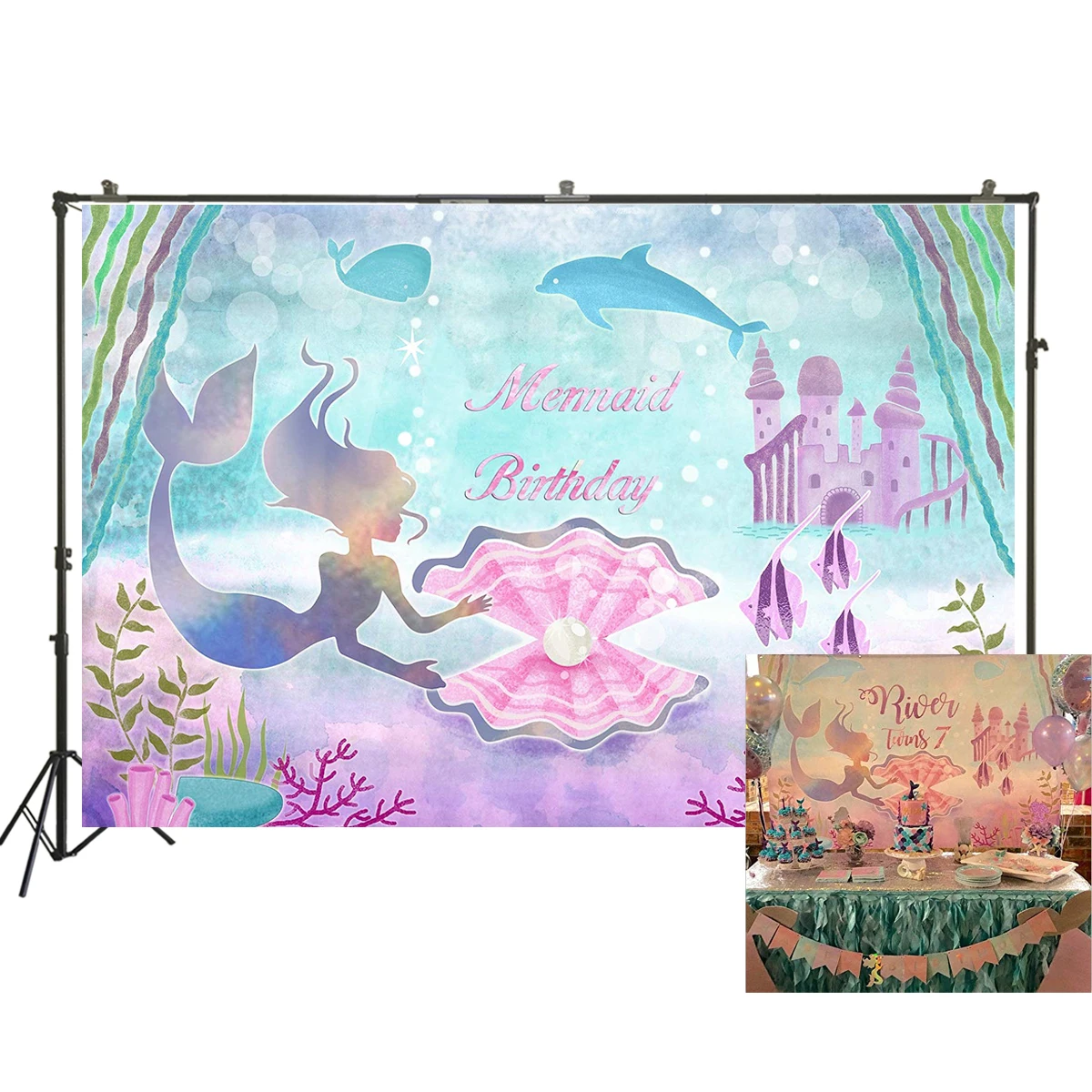 

Little Mermaid Birthday Party Backdrops Under The Sea Photo Background Cake Table Banner Photo Booth Props W-2025