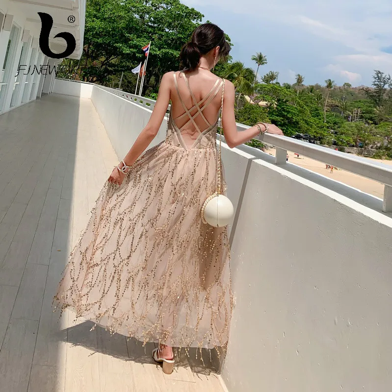 

FINEWORDS Sexy Deep V Neck Sequined Dress Long Dress Summer Beach Vacation Spaghetti Strap Dress Backless Party Dinner Dresses