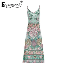 Everkaki Women Boho Floral Print Spaghetti Strap Long Dress V Neck Patchwork Dresses Lady Bohemian Dress 2018 Spring Summer New