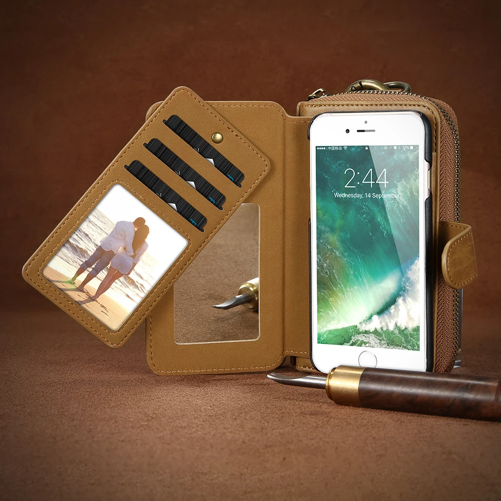

FLOVEME Leather Case For iPhone 7 6S 6 Plus Pouch Zipper Purse Cases Multi-function 2 in 1 Removable Leather Phone Bag Shells