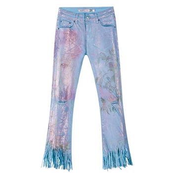 

Summer Spring Woman Hot Stamping Colored Stretch Tassel Ankle Length Denim Capris Pants , Woman Printed Pattern Jeans Trousers