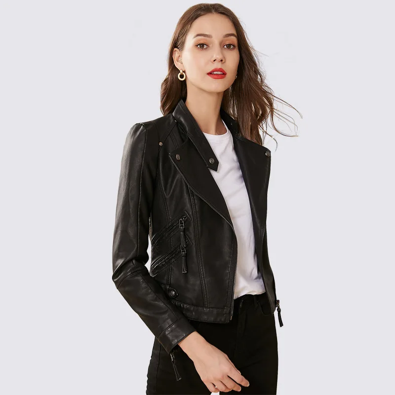 Fashion Solid Women Faux Leather Jacket Turn-down Collar Slim Jackets and Coats Office Lady Motorcycle Overcoat